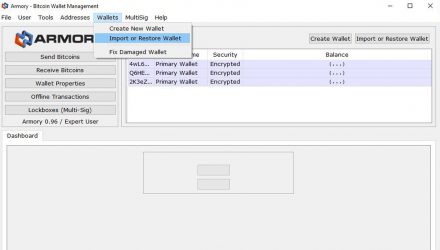 Screenshot of the import or restore wallet option in Armory