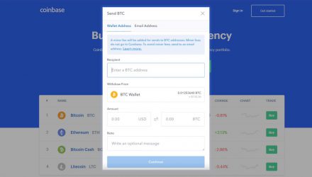 A screenshot of the pop-up window where you can make a transaction from Coinbase