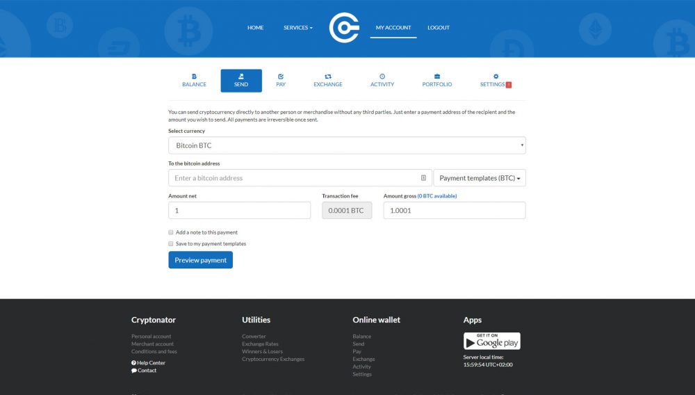 A screenshot of Cryptonator when sending Bitcoin