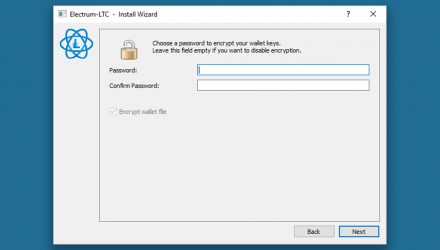 A screenshot of the window, requesting you to add and confirm your password on Electrum LTC