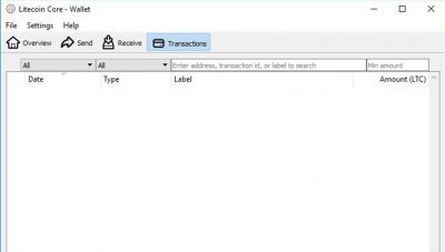 A screenshot showing the Transactions tab of Litecoin Core