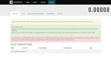 Screenshot of LiteVault transaction menu and options