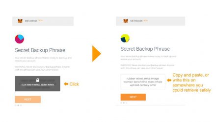 Screenshot of how to generate the backup phrase in MetaMask