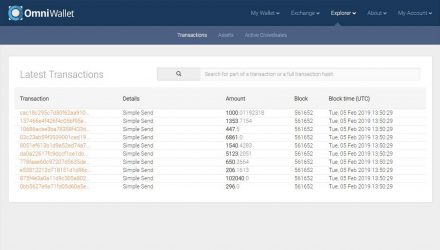 Screenshot of the window of the last transactions from Omniwallet